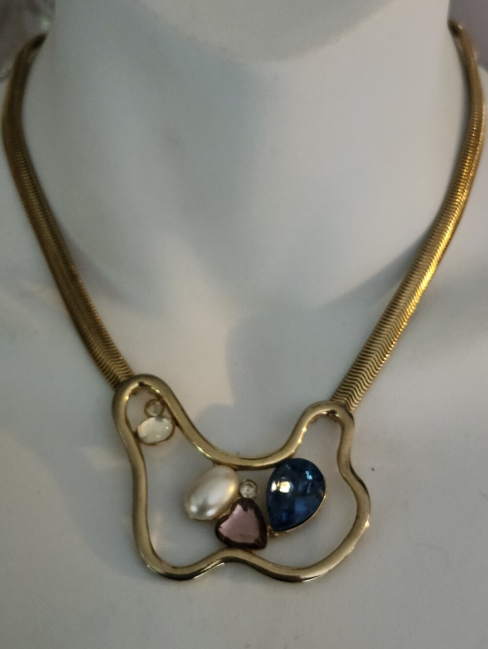 Gold-tone Statement Necklace with Abstract Pendant In Blue, Pink & Pearl Accents